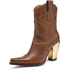 Women's Brown Leather Western Boots with Chunky Heel Stylish Sharp tip Boots